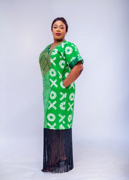 African Print Danshiki Dress with Black Fringe